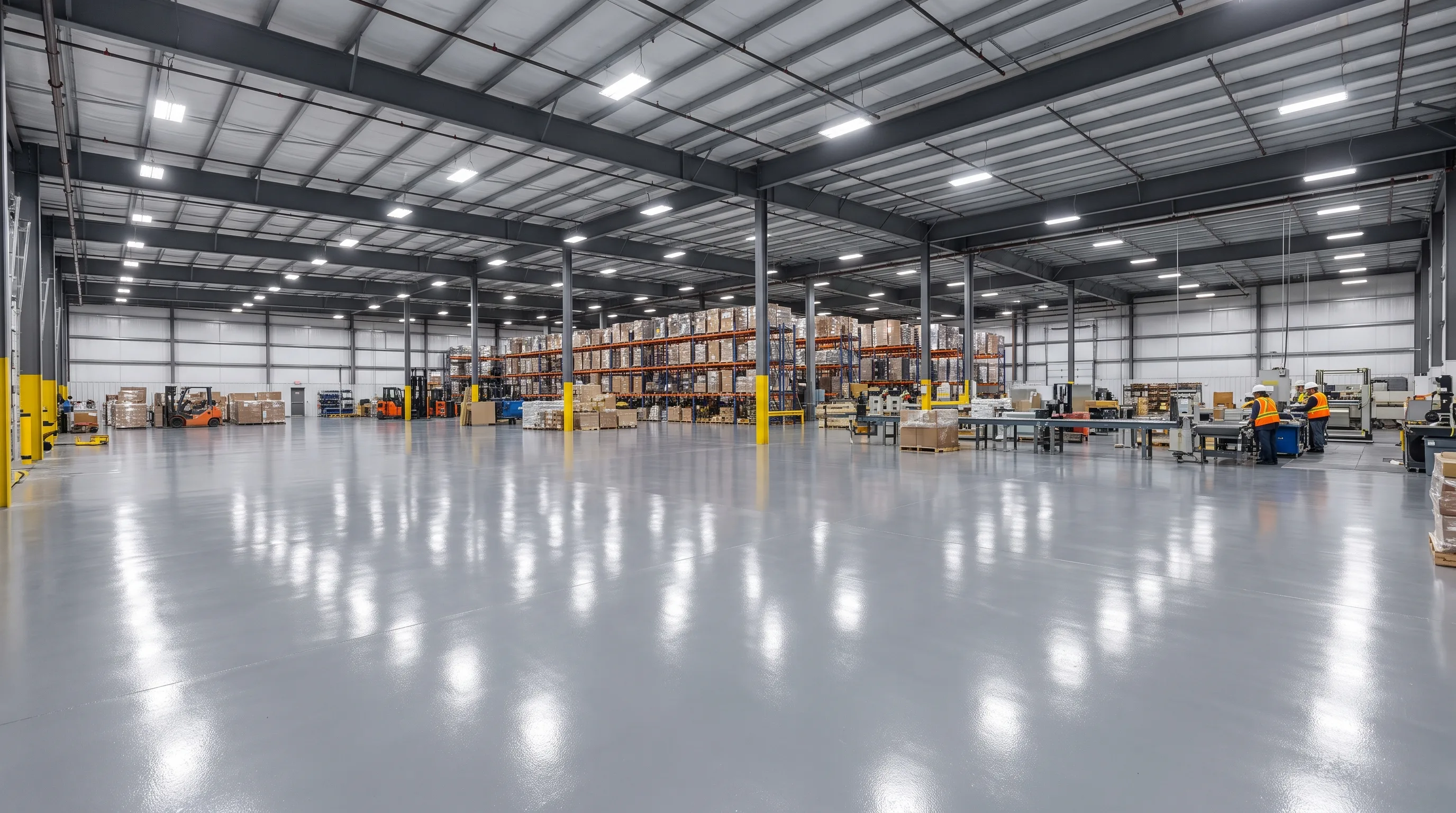 Glossy epoxy floor in a large Toronto industrial warehouse with forklifts and storage racking