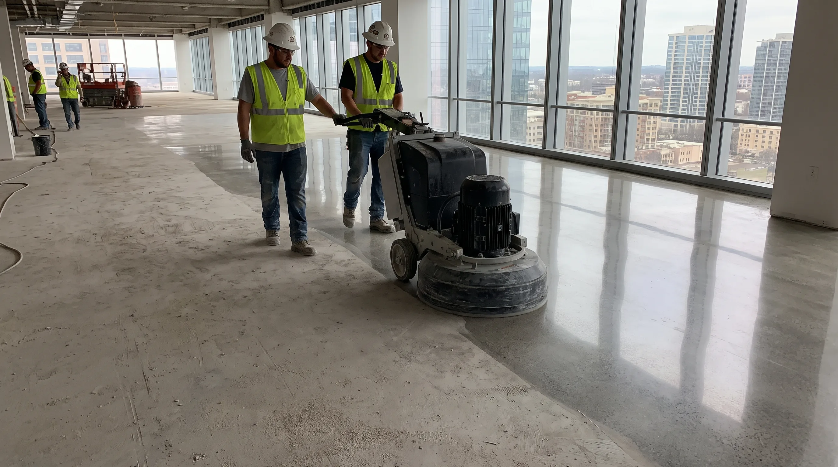 Diamond concrete floor polishing in progress in a Toronto high-rise office with city skyline view