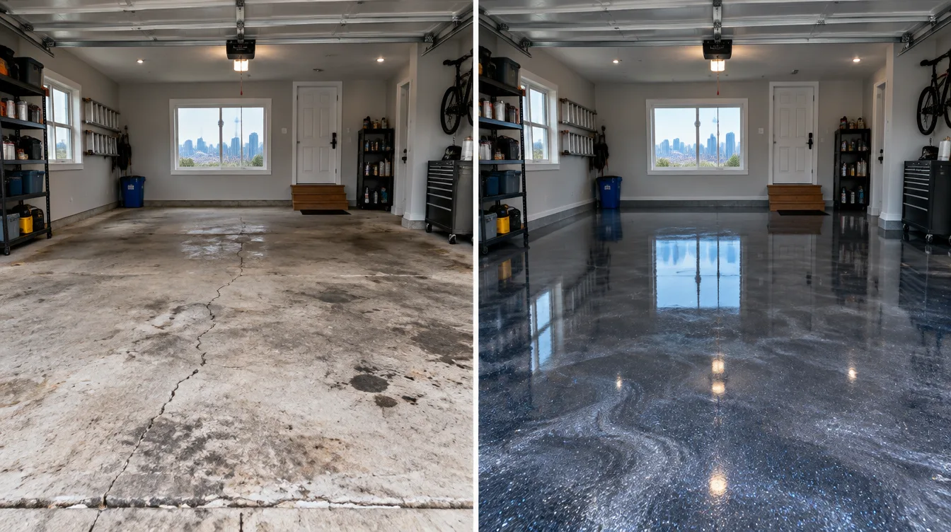 Epoxy garage floor Toronto before and after transformation