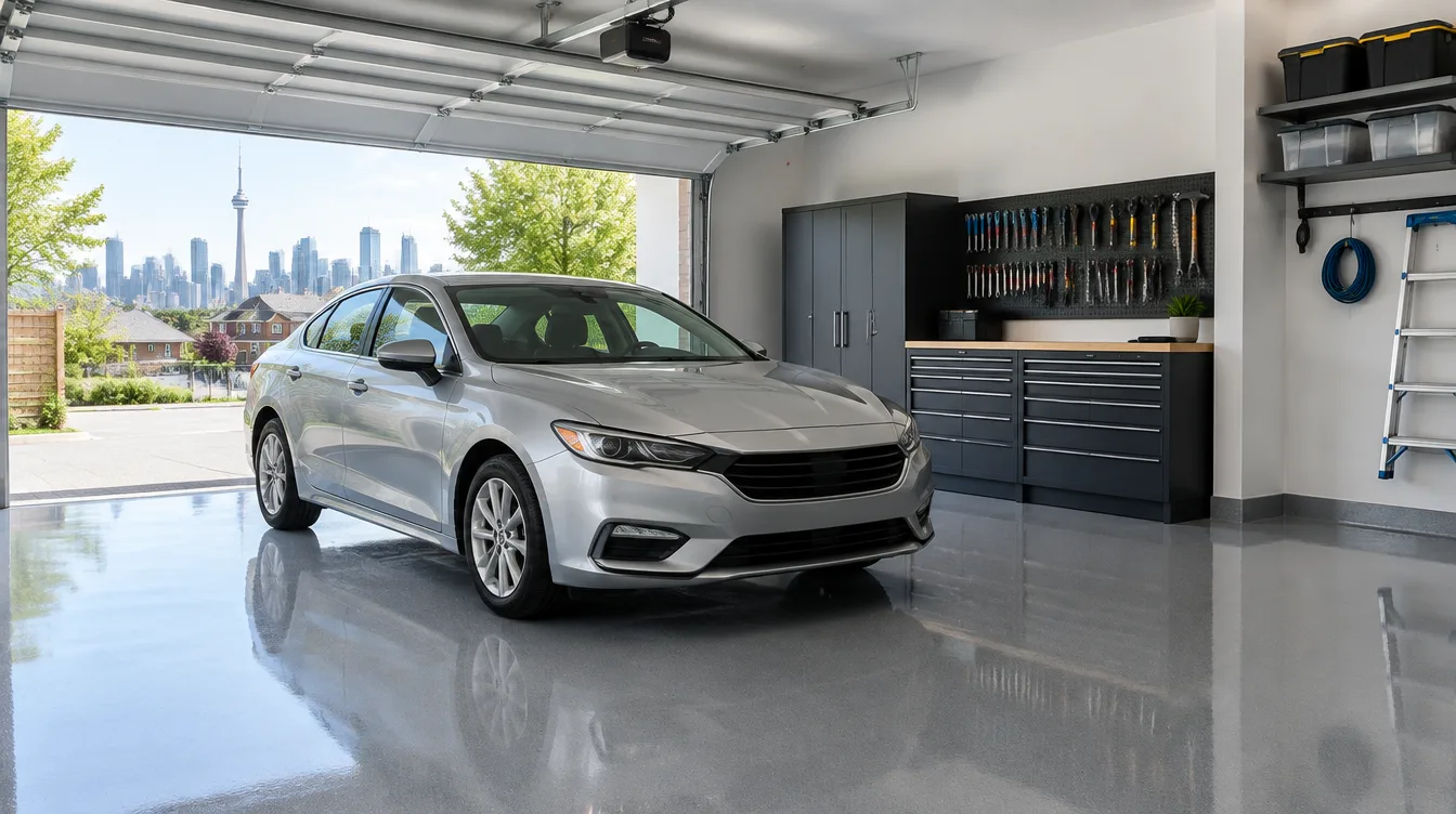 Modern Toronto residential garage with glossy epoxy floor coating and CN Tower skyline view